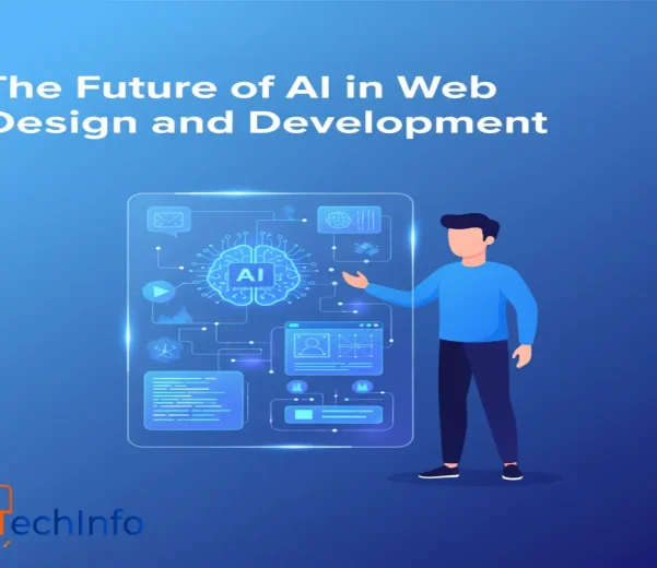 Futuristic graphic showing AI algorithms influencing a web design layout, symbolizing the future of web development.
